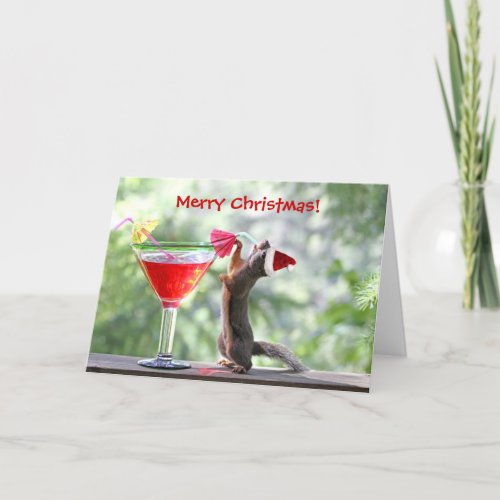 Christmas Squirrel Drinking a Cocktail Holiday Card