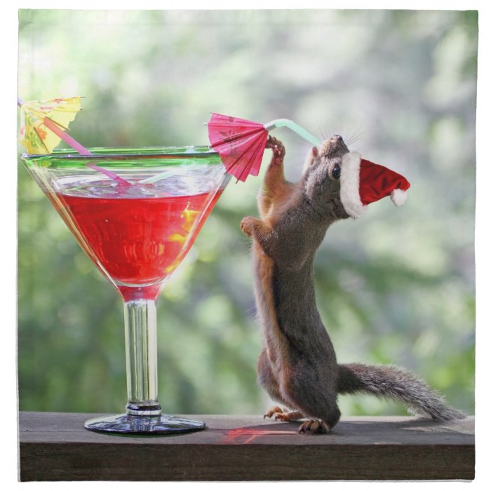 Christmas Squirrel Drinking a Cocktail Cloth Napkins