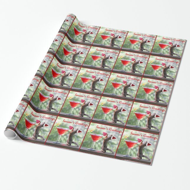 Christmas Squirrel Drinking a Cocktail Wrapping Paper (Unrolled)