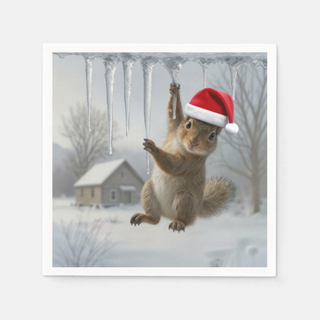 Christmas Squirrel Hanging From an Icicle Napkins (Front)