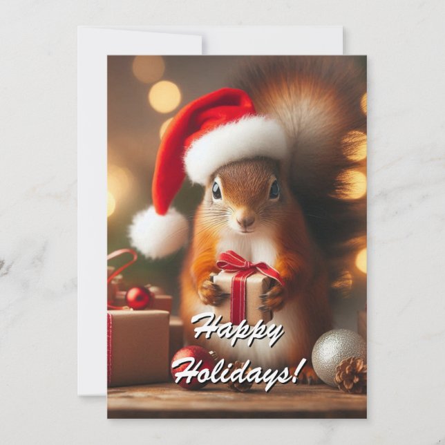 Christmas Squirrel Holding Gift Customizable Card (Front)