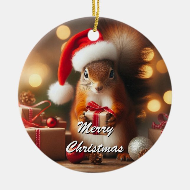 Christmas Squirrel Holding Ornament Customizable (Front)