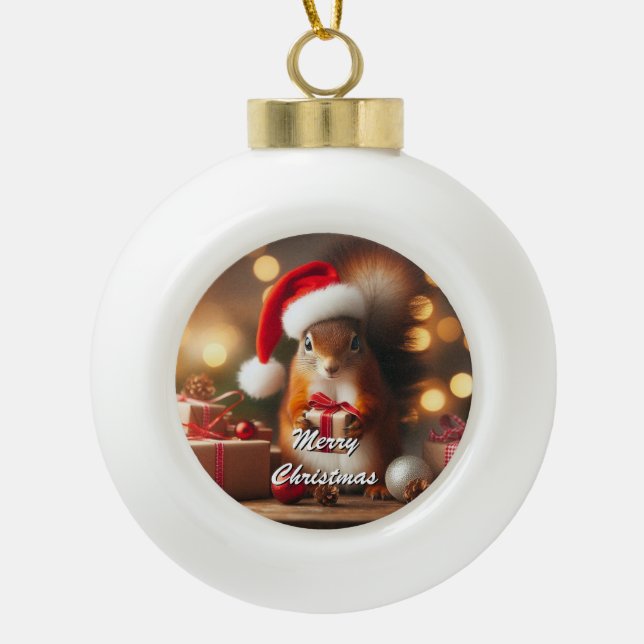 Christmas Squirrel Holding Ornament Customizable (Front)