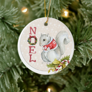 Christmas Squirrel Illustration Ceramic Ornament