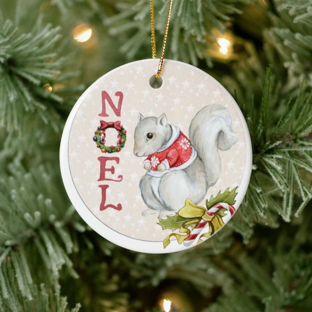 Christmas Squirrel Illustration Ceramic Ornament (Tree)