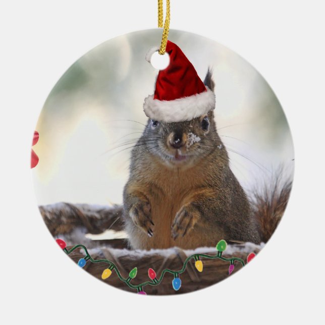Christmas Squirrel in Basket with Snow Ceramic Ornament (Front)