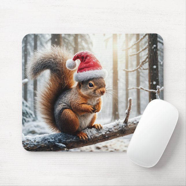 Christmas Squirrel On Snowy Tree Branch Mouse Pad (With Mouse)