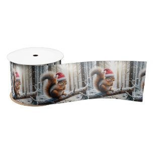 Christmas Squirrel On Snowy Tree Branch Satin Ribbon