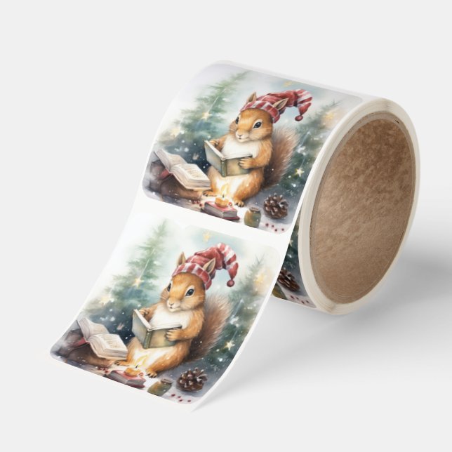 Christmas Squirrel reading Square Sticker (Roll)
