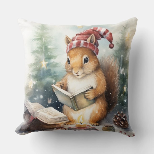Christmas Squirrel reading Throw Pillow (Front)