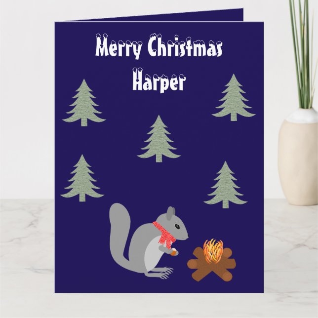 Christmas Squirrel Roasting Hazelnuts on Log Fire Card (Front)