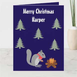 Christmas Squirrel Roasting Hazelnuts on Log Fire Card