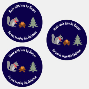 Christmas Squirrel Roasting Hazelnuts on Log Fire Labels