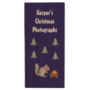 Christmas Squirrel Roasting Hazelnuts on Log Fire Wood Flash Drive