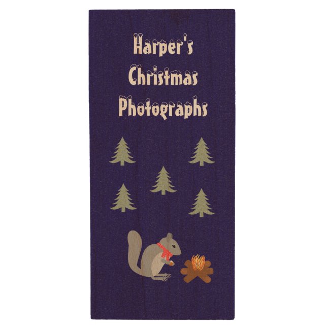 Christmas Squirrel Roasting Hazelnuts on Log Fire Wood Flash Drive (Front Vertical)