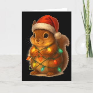 Christmas Squirrel Santa Hat Wrapped In Lights Fun Card