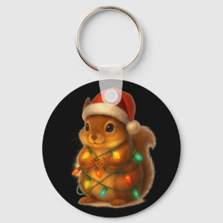 Christmas Squirrel Santa Hat Wrapped In Lights Fun Keychain
