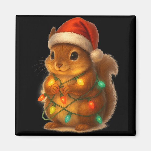 Christmas Squirrel Santa Hat Wrapped In Lights Fun Magnet (Front)