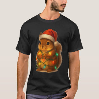 Christmas Squirrel Santa Hat Wrapped In Lights Fun T-Shirt