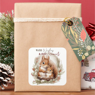 christmas squirrel warm wishes cozy moments square sticker