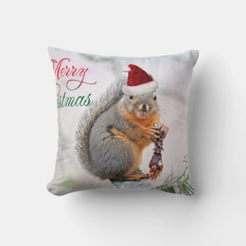 Christmas Squirrel Wearing Santa Claus Hat Throw Pillow