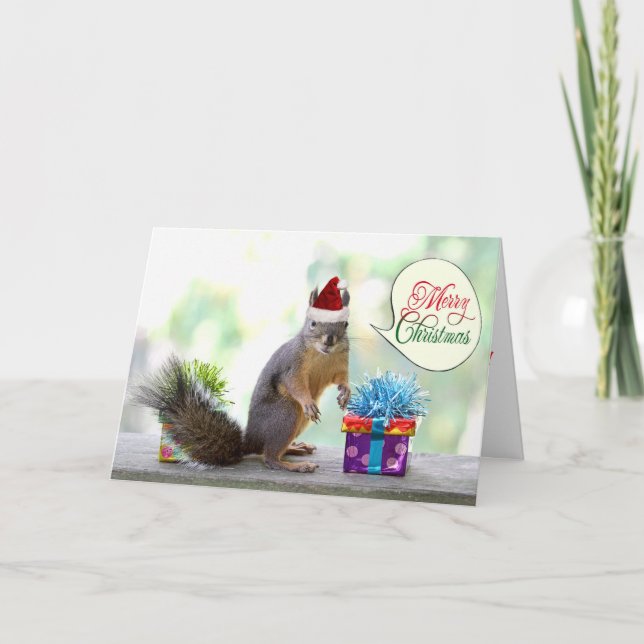 Christmas Squirrel with Christmas Presents Holiday Card (Front)