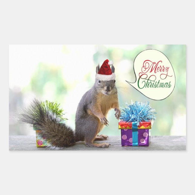 Christmas Squirrel with Christmas Presents Rectangular Sticker (Front)