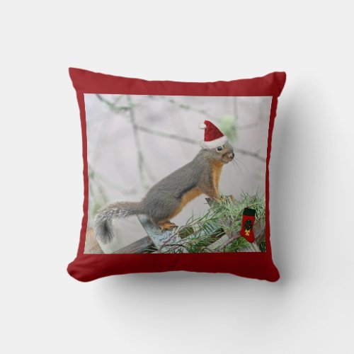 Christmas Squirrel with Christmas Stocking Throw Pillow