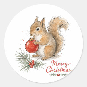 Christmas Squirrel with Red Ornament Classic Round Sticker