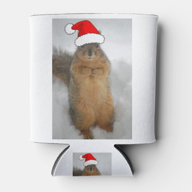 Christmas Squirrel with Santa Can Cooler (Front)