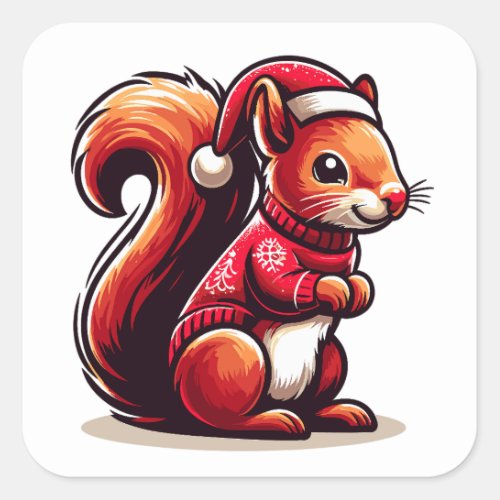 Christmas Squirrel with Santa Hat Xmas Squirrel Square Sticker