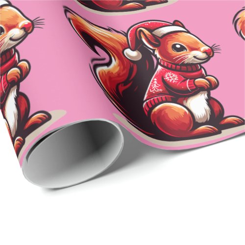 Christmas Squirrel with Santa Hat Xmas Squirrel Wrapping Paper