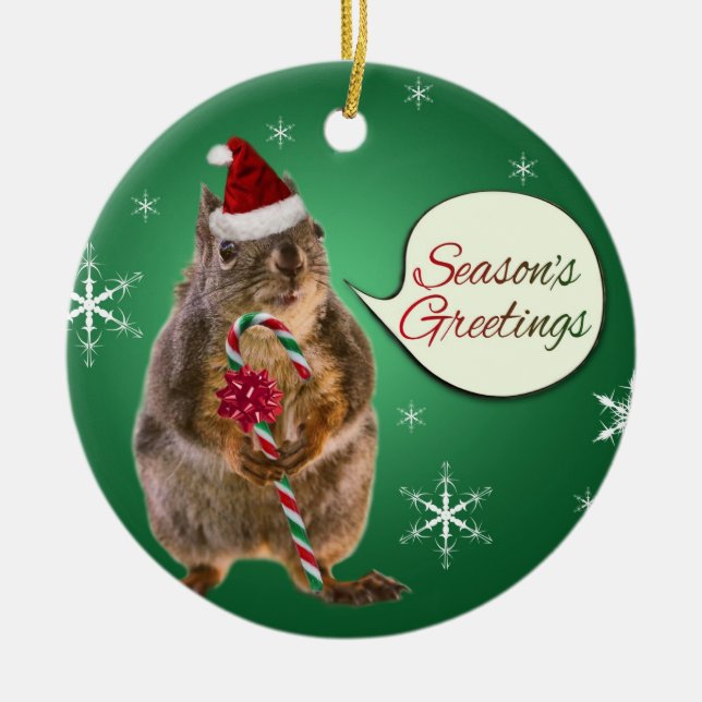 Christmas Squirrel with Snowflakes Ceramic Ornament (Front)