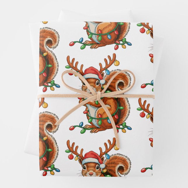 Christmas Squirrel Xmas Lights Cute Holiday Season Wrapping Paper Sheets (In situ)
