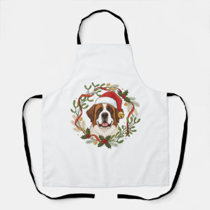 Christmas St Bernard Dog Santa Hat Wreath Apron