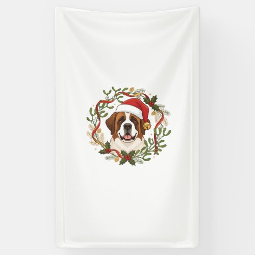Christmas St Bernard Dog Santa Hat Wreath Banner