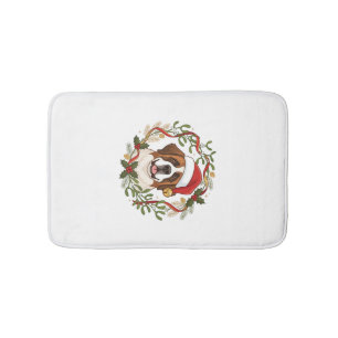 Christmas St Bernard Dog Santa Hat Wreath Bath Mat