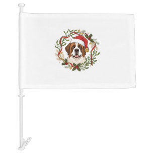 Christmas St Bernard Dog Santa Hat Wreath Car Flag