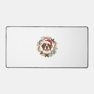 Christmas St Bernard Dog Santa Hat Wreath Desk Mat