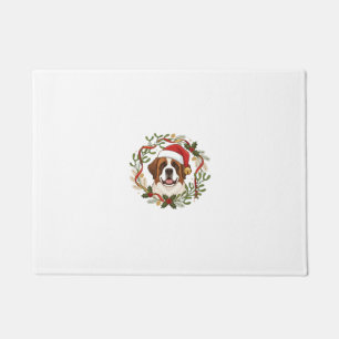 Christmas St Bernard Dog Santa Hat Wreath Doormat