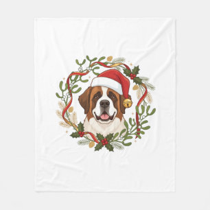 Christmas St Bernard Dog Santa Hat Wreath Fleece Blanket