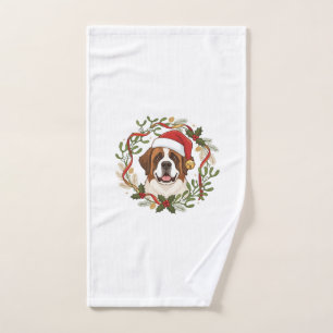 Christmas St Bernard Dog Santa Hat Wreath Hand Towel