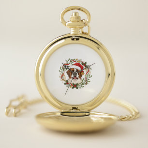 Christmas St Bernard Dog Santa Hat Wreath Pocket Watch
