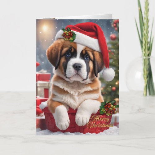 Christmas St Bernard puppy in a basket  Holiday Card