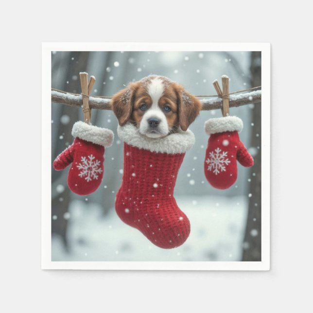 Christmas St. Bernard Puppy In a Red Stocking Napkins (Front)