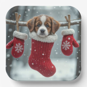Christmas St. Bernard Puppy In a Red Stocking Paper Plates