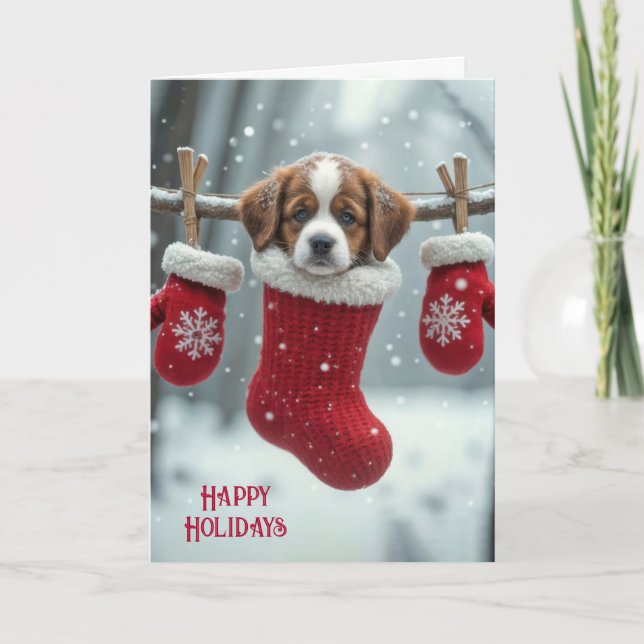 Christmas St. Bernard Puppy In a Stocking Holiday Card (Front)