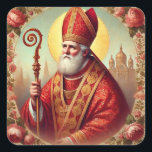 Christmas St. Nicholas Bishop Feast Day Square Sticker<br><div class="desc">This stunning image of St. Nicholas, adorned in ornate red vestments and surrounded by intricate floral details, captures the holiness and charity of this beloved saint. Perfect for Christmas celebrations or year-round devotion, this artwork is a beautiful tribute to the Patron Saint of children, sailors, and the poor. Ideal for...</div>