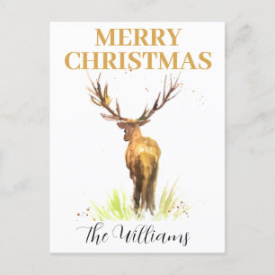 Christmas Stag Deer Elegant watercolor Merry Postcard