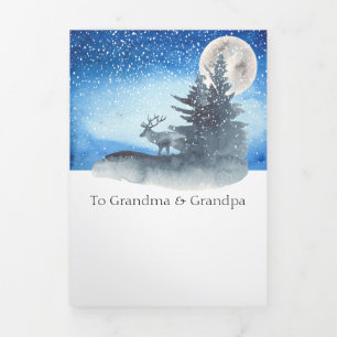 Christmas Stag With Moon Lit Tree Personalized Tri-Fold Holiday Card
